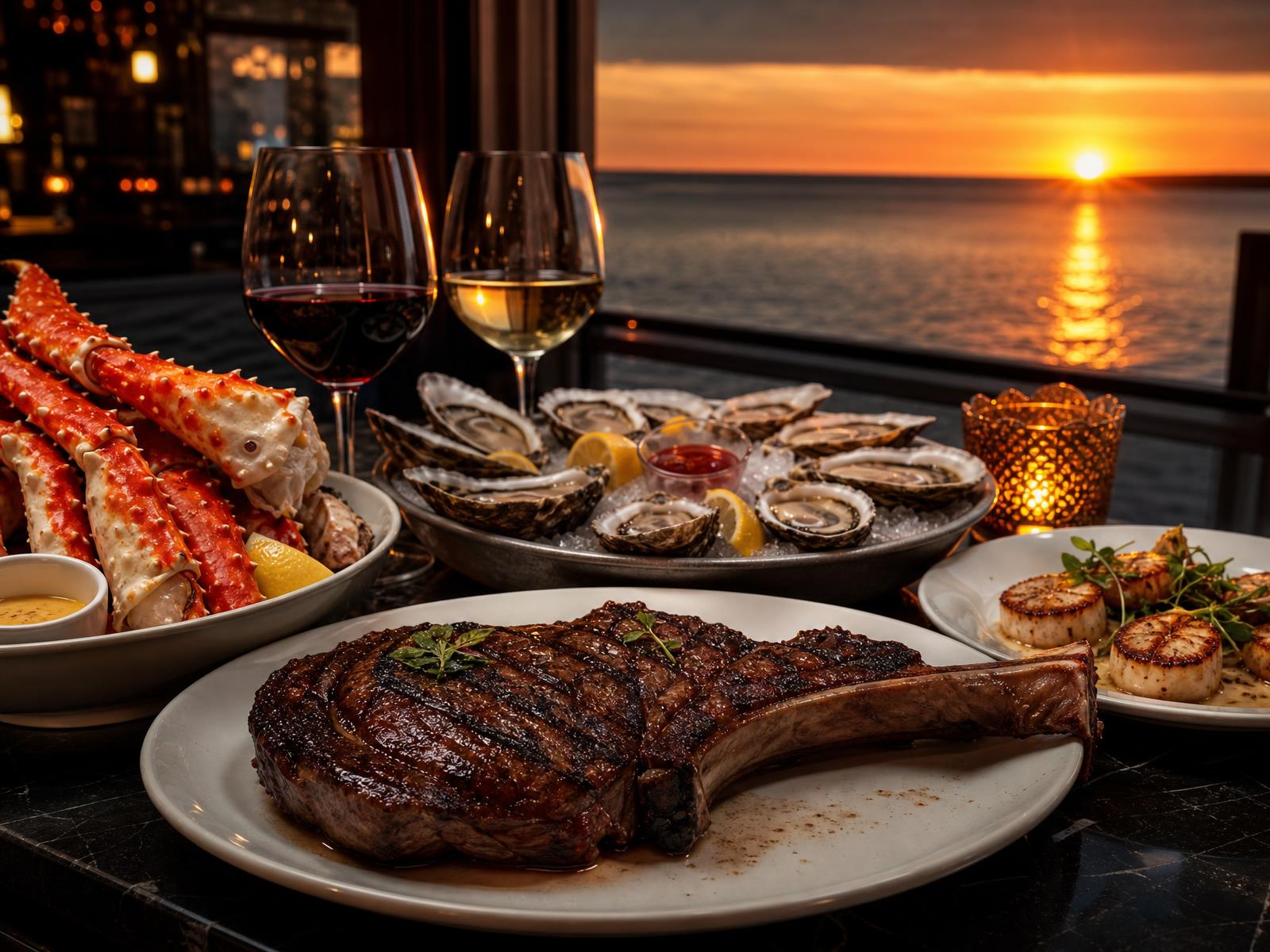 Coastal feast at sunset — ribeye, king crab, and oysters overlooking the Atlantic
